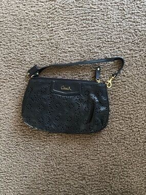 Coach Black Laser-Cut Leather Wristlet with Gold Hardware